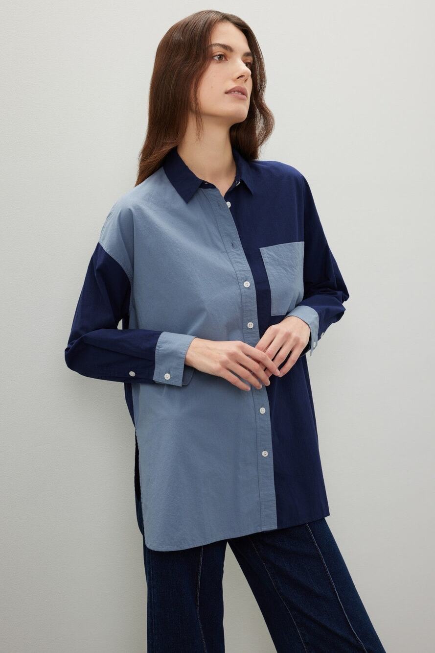 Madewell Sz S Oversized Blue Patch Pocket Two-Tone Colorblock Button Up Shirt